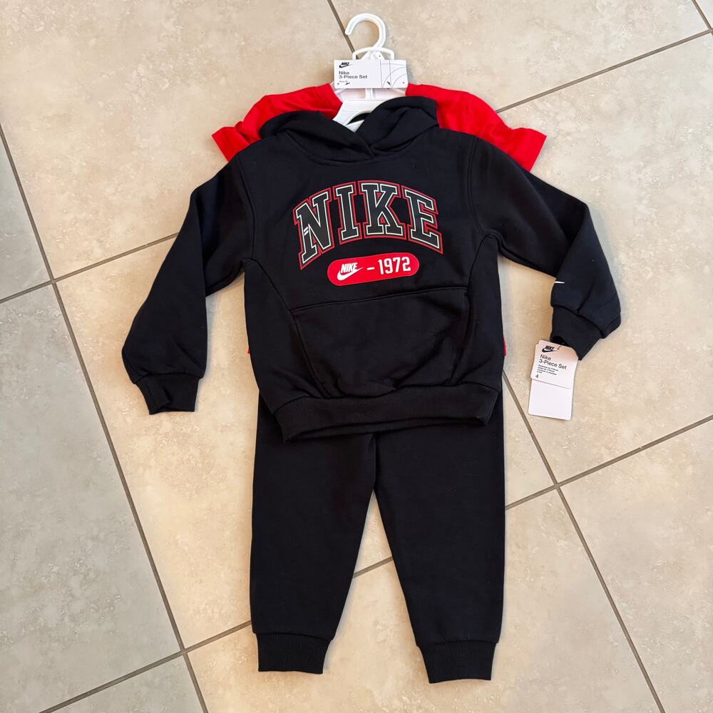 NWT Nike Boys 3 Piece Outfit Set Size 4 Hoodie Joggers Shirt Black Red
